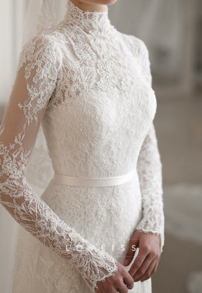 High Neck Long Sleeves Lace Appliques A-Line Wedding Dress