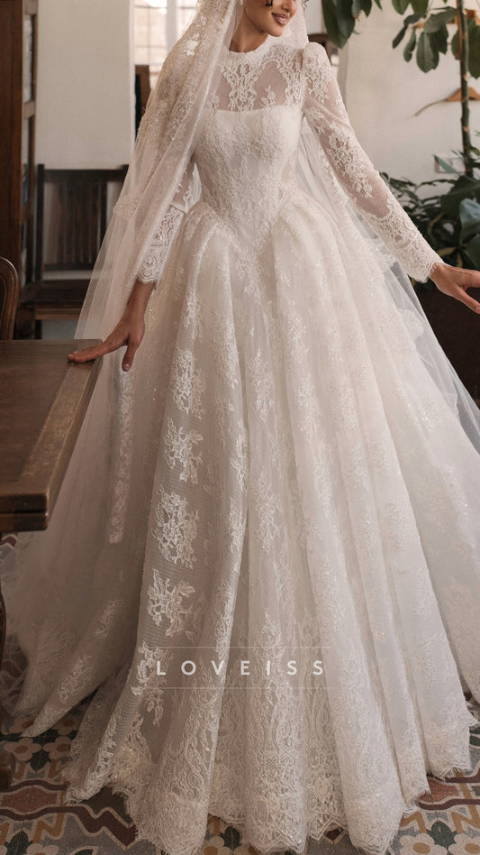 High Neck Long Sleeves Lace Appliques A-Line Wedding Dress