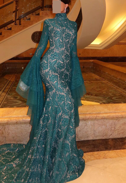High Neck Long Sleeves Lace Appliques Mermaid Evening Dress