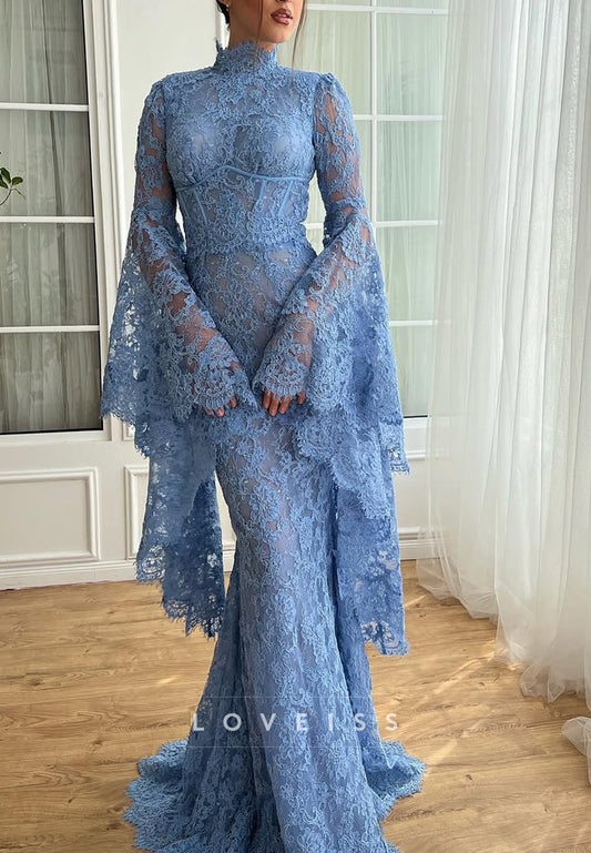 High Neck Long Sleeves Lace Appliques Mermaid Evening Dress