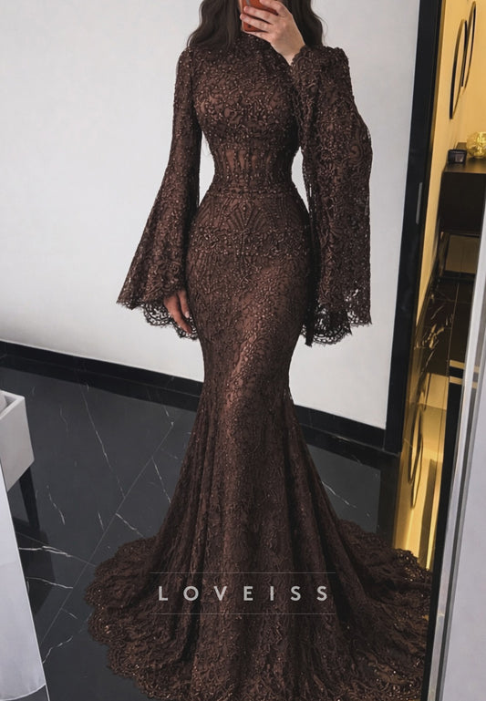 High Neck Long Sleeves Lace Appliques Mermaid Prom Dress