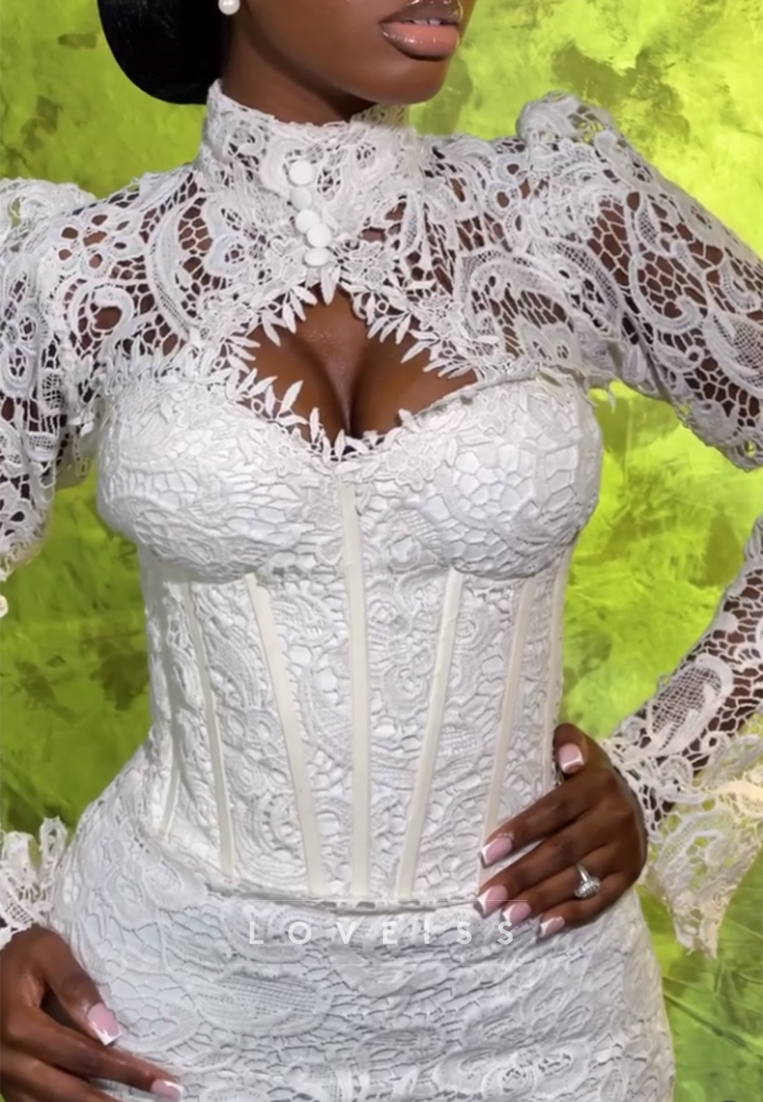 High Neck Long Sleeves Lace Appliques Mermaid Wedding Dress