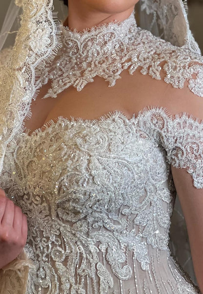 High Neck Long Sleeves Lace Appliques Mermaid Wedding Dress