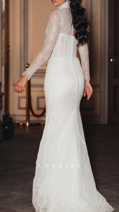 High Neck Long Sleeves Lace Appliques Mermaid Wedding Dress
