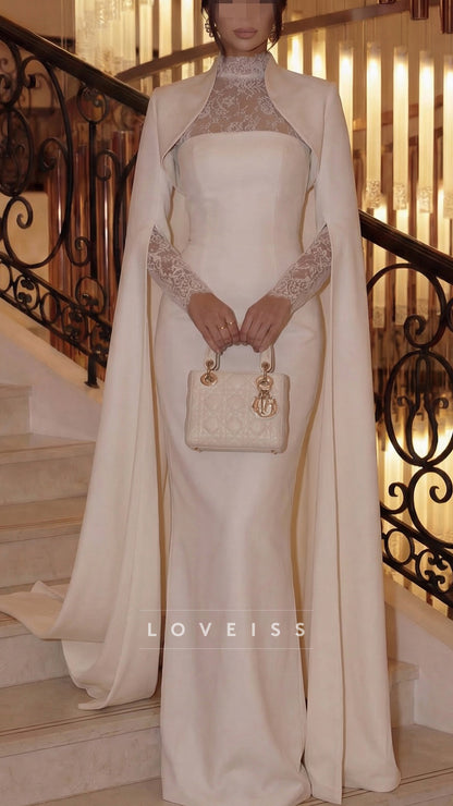 High Neck Long Sleeves Lace Appliques Mermaid Wedding Dress