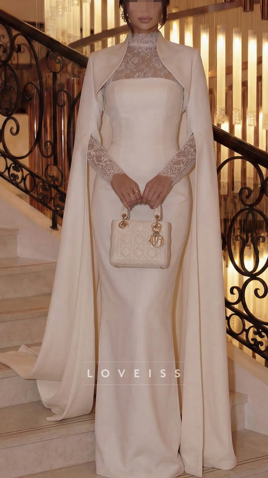High Neck Long Sleeves Lace Appliques Mermaid Wedding Dress