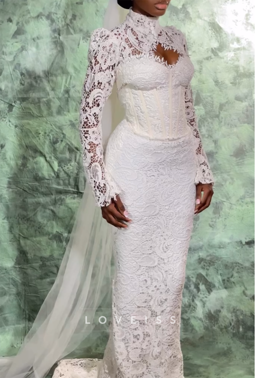 High Neck Long Sleeves Lace Appliques Mermaid Wedding Dress