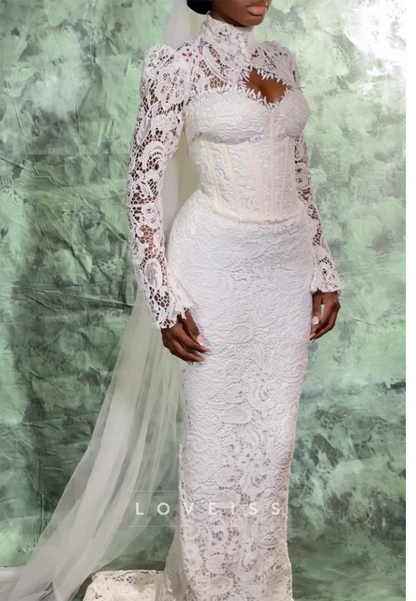 High Neck Long Sleeves Lace Appliques Mermaid Wedding Dress