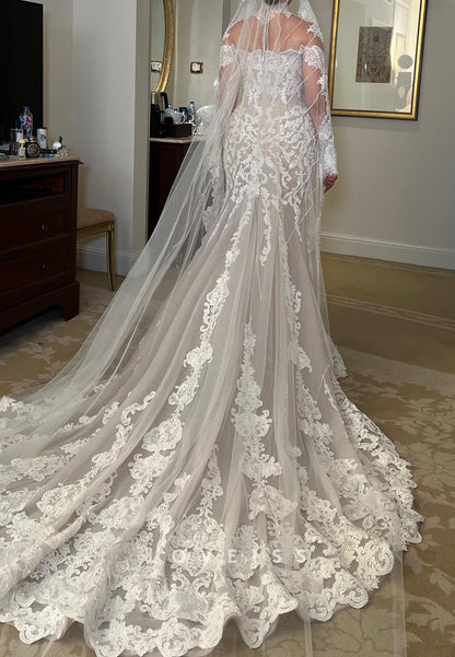 High Neck Long Sleeves Lace Appliques Mermaid Wedding Dress
