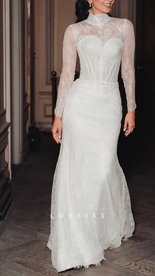 High Neck Long Sleeves Lace Appliques Mermaid Wedding Dress