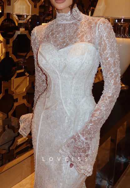 High Neck Long Sleeves Lace Appliques Mermaid Wedding Dress