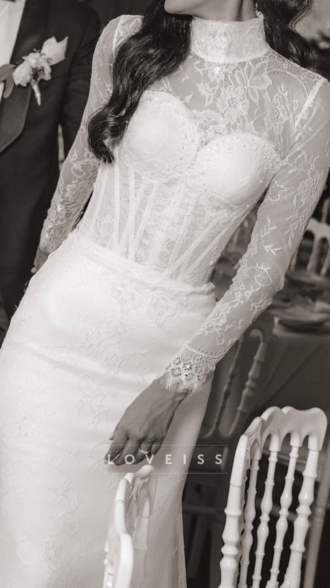 High Neck Long Sleeves Lace Appliques Mermaid Wedding Dress