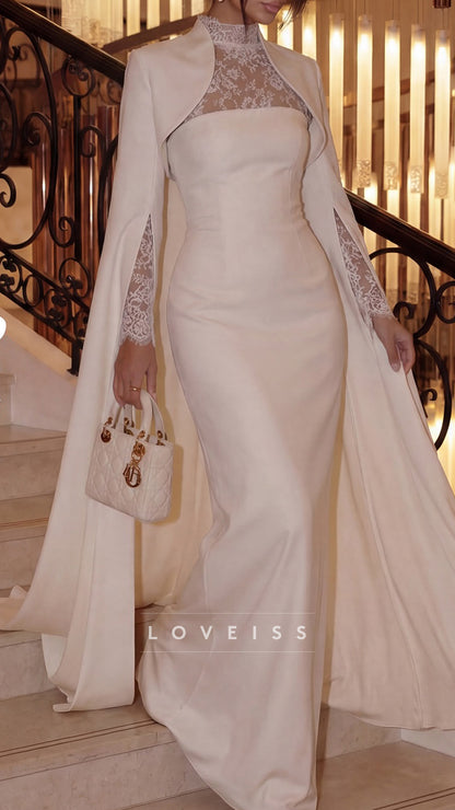 High Neck Long Sleeves Lace Appliques Mermaid Wedding Dress