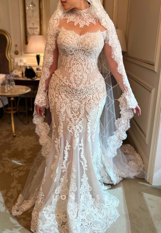 High Neck Long Sleeves Lace Appliques Mermaid Wedding Dress