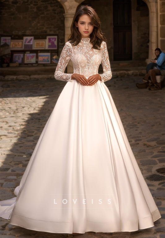 High Neck Long Sleeves Lace Appliques Pleated Satin A-Line Wedding Dress