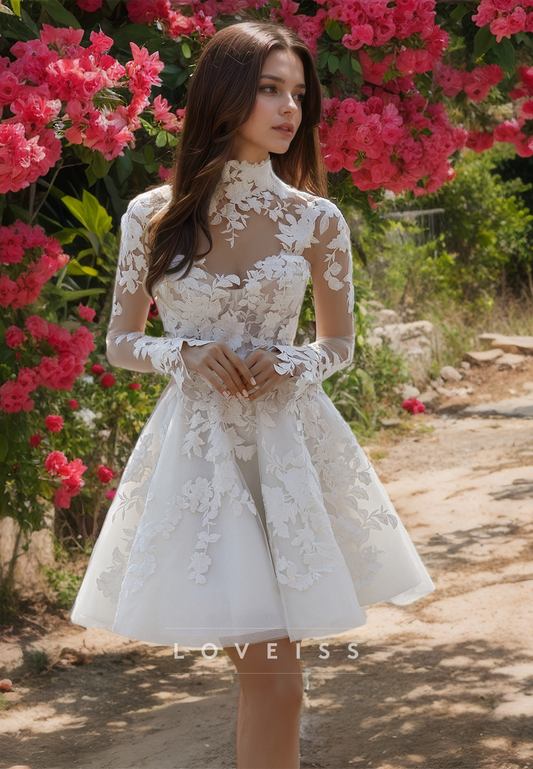 High Neck Long Sleeves Lace Appliques Pleated Short A-Line Wedding Dress