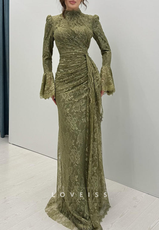 High Neck Long Sleeves Lace Appliques Sheath Evening Dress