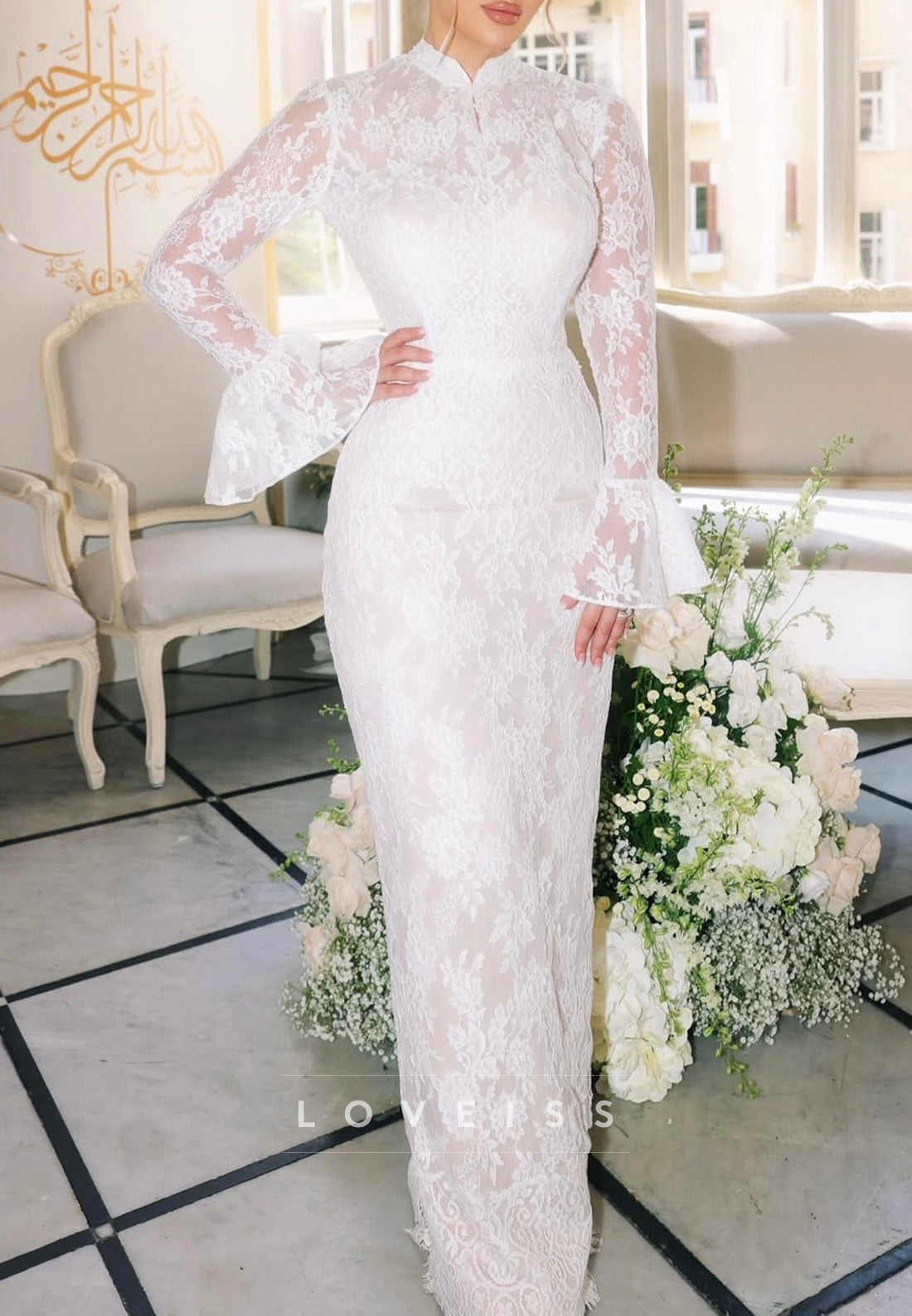 High Neck Long Sleeves Lace Appliques Sheath Wedding Dress Loveiss High Neck Long Sleeves Lace Appliques Sheath Wedding Dress Loveiss