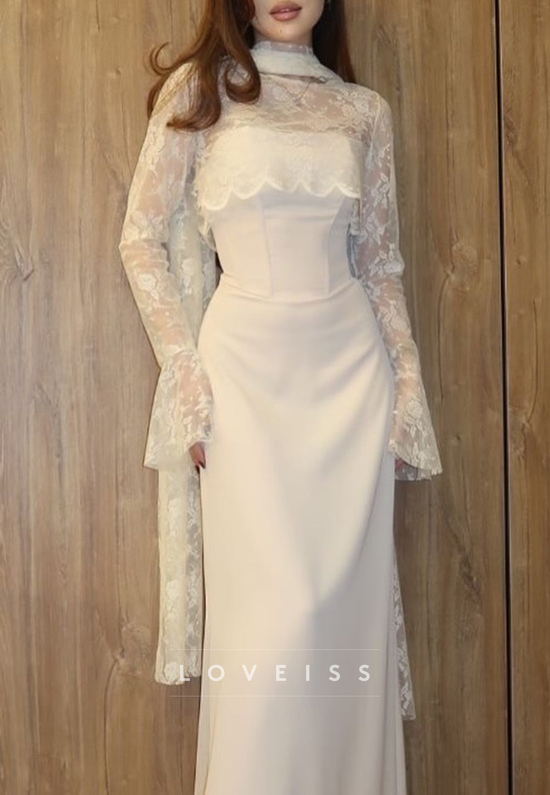High Neck Long Sleeves Lace Appliques Sheath Wedding Dress