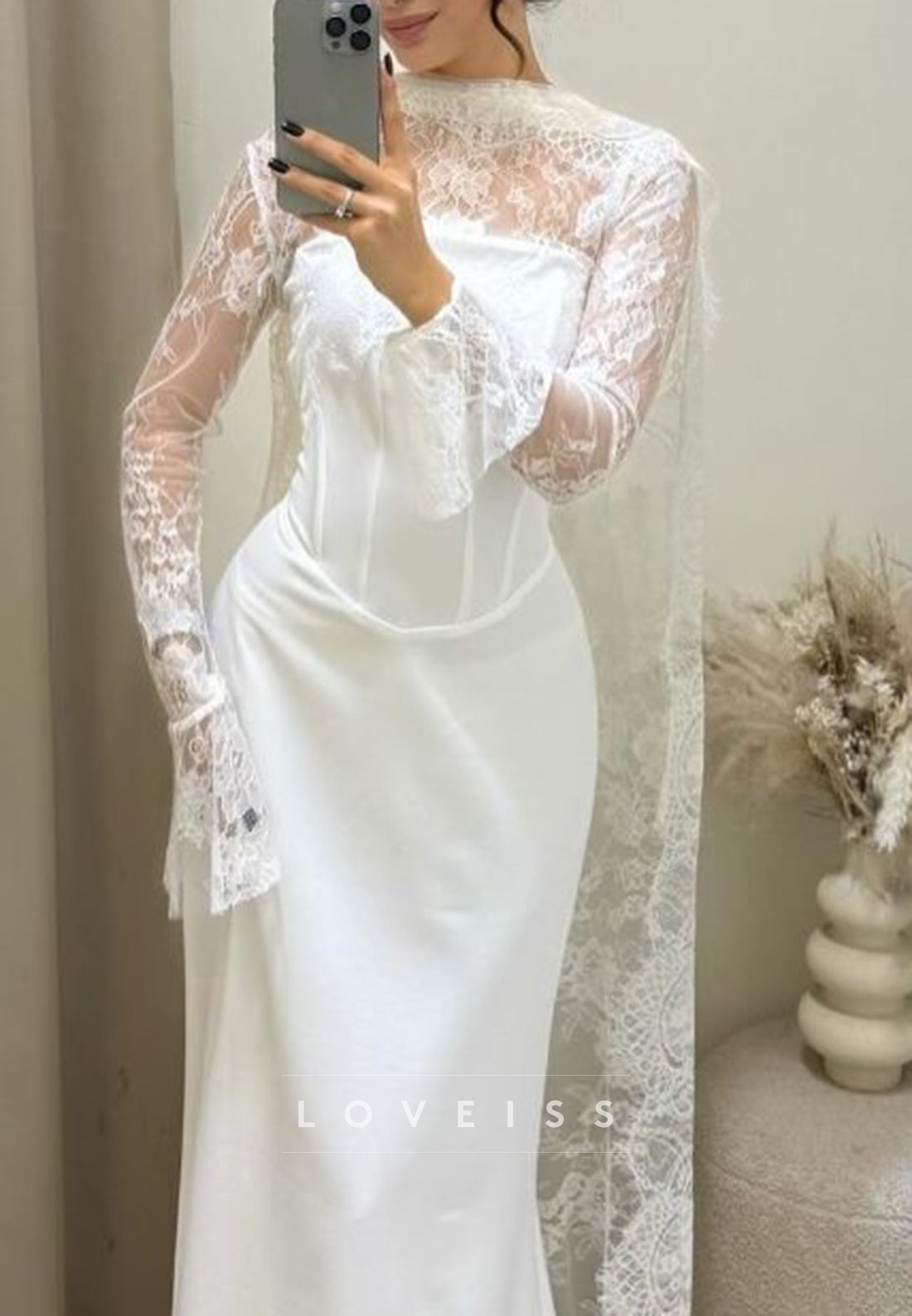 High Neck Long Sleeves Lace Appliques Sheath Wedding Dress