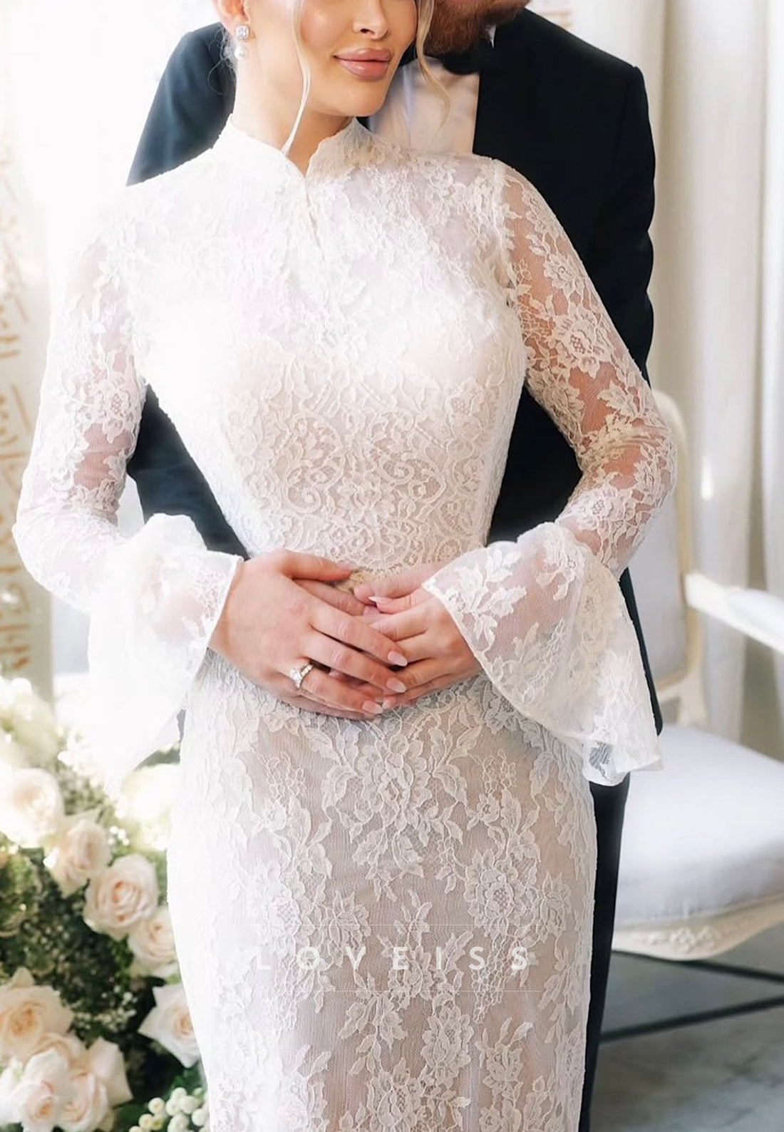 High Neck Long Sleeves Lace Appliques Sheath Wedding Dress