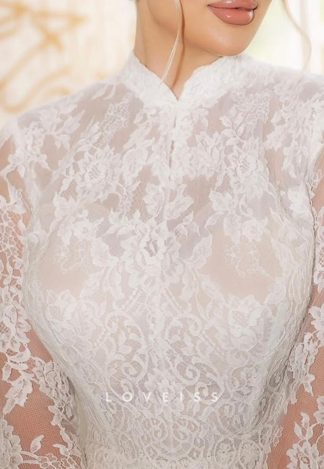 High Neck Long Sleeves Lace Appliques Sheath Wedding Dress