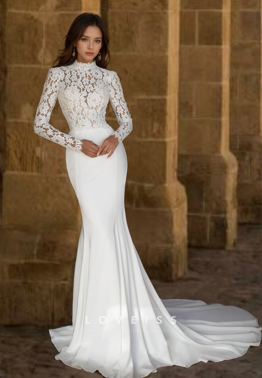 High Neck Long Sleeves Lace Appliques Sleek Mermaid Wedding Dress