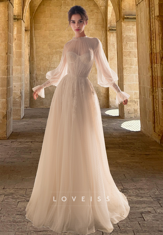 High Neck Long Sleeves Lace Appliques Tulle A-Line Boho Wedding Dress