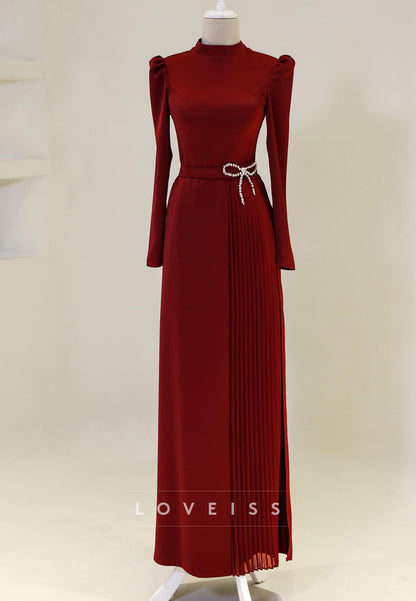 High Neck Long Sleeves Pleated A-Line Mother of Bride Dress