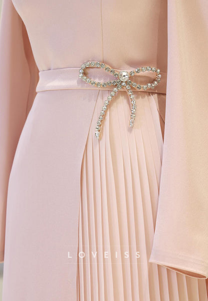 High Neck Long Sleeves Pleated A-Line Mother of Bride Dress