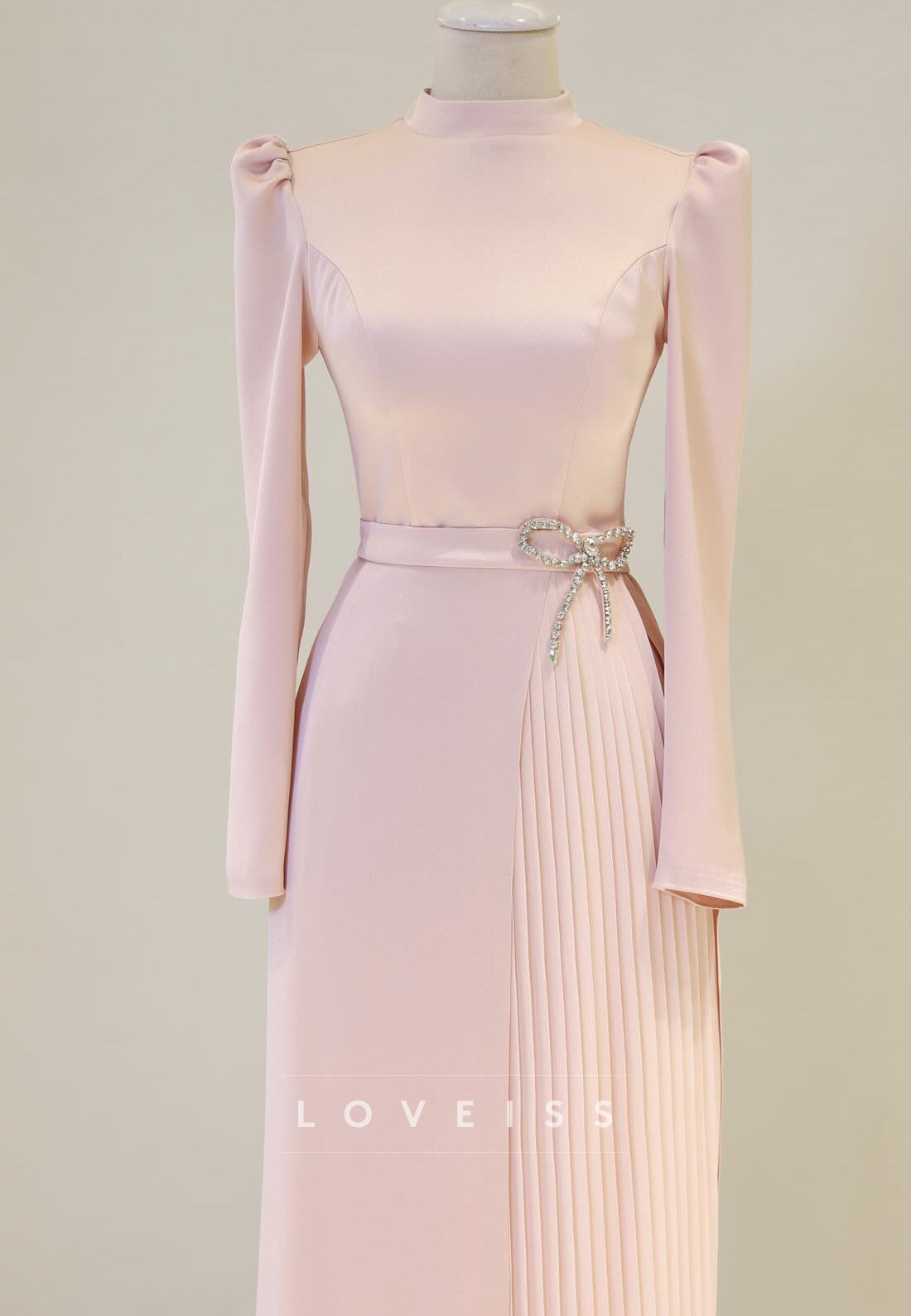 High Neck Long Sleeves Pleated A-Line Mother of Bride Dress