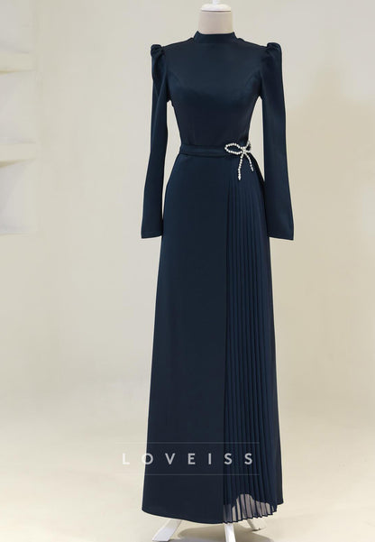 High Neck Long Sleeves Pleated A-Line Mother of Bride Dress