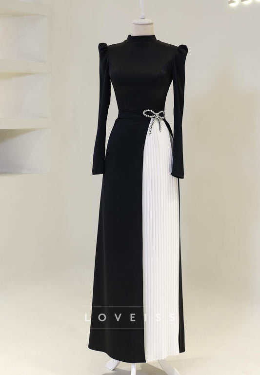 High Neck Long Sleeves Pleated A-Line Mother of Bride Dress