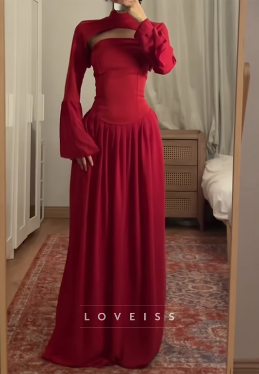High Neck Long Sleeves Pleated A-Line Prom Dress