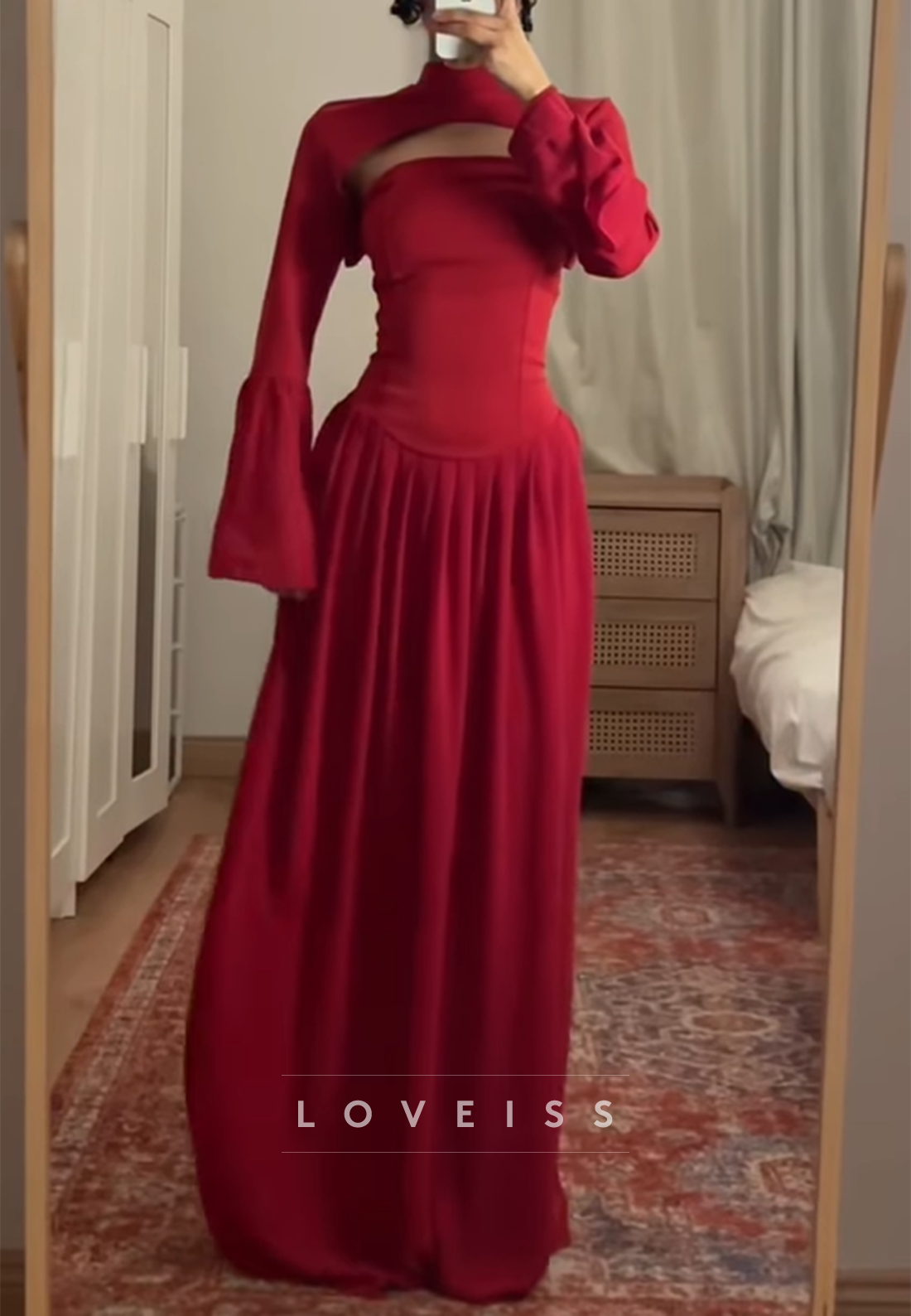 High Neck Long Sleeves Pleated A-Line Prom Dress