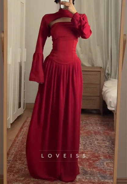 High Neck Long Sleeves Pleated A-Line Prom Dress
