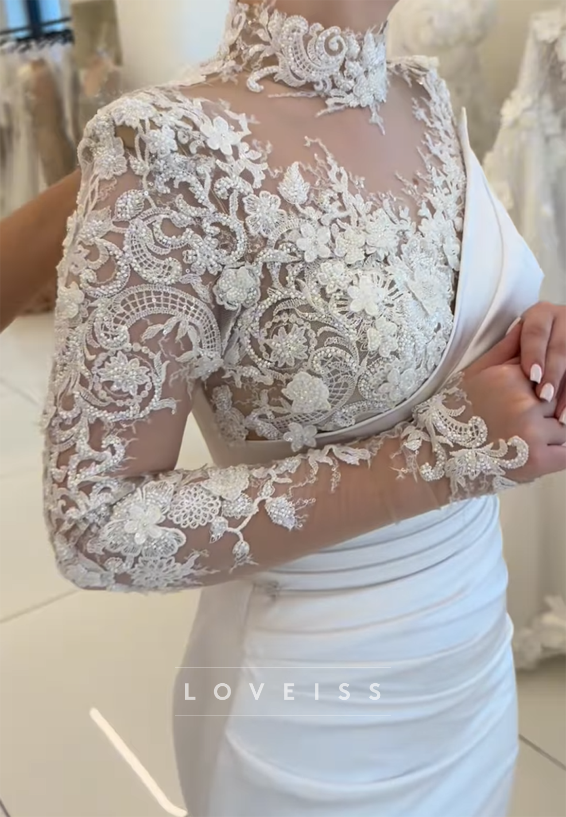 High Neck Long Sleeves Pleated Appliques Mermaid Wedding Dress