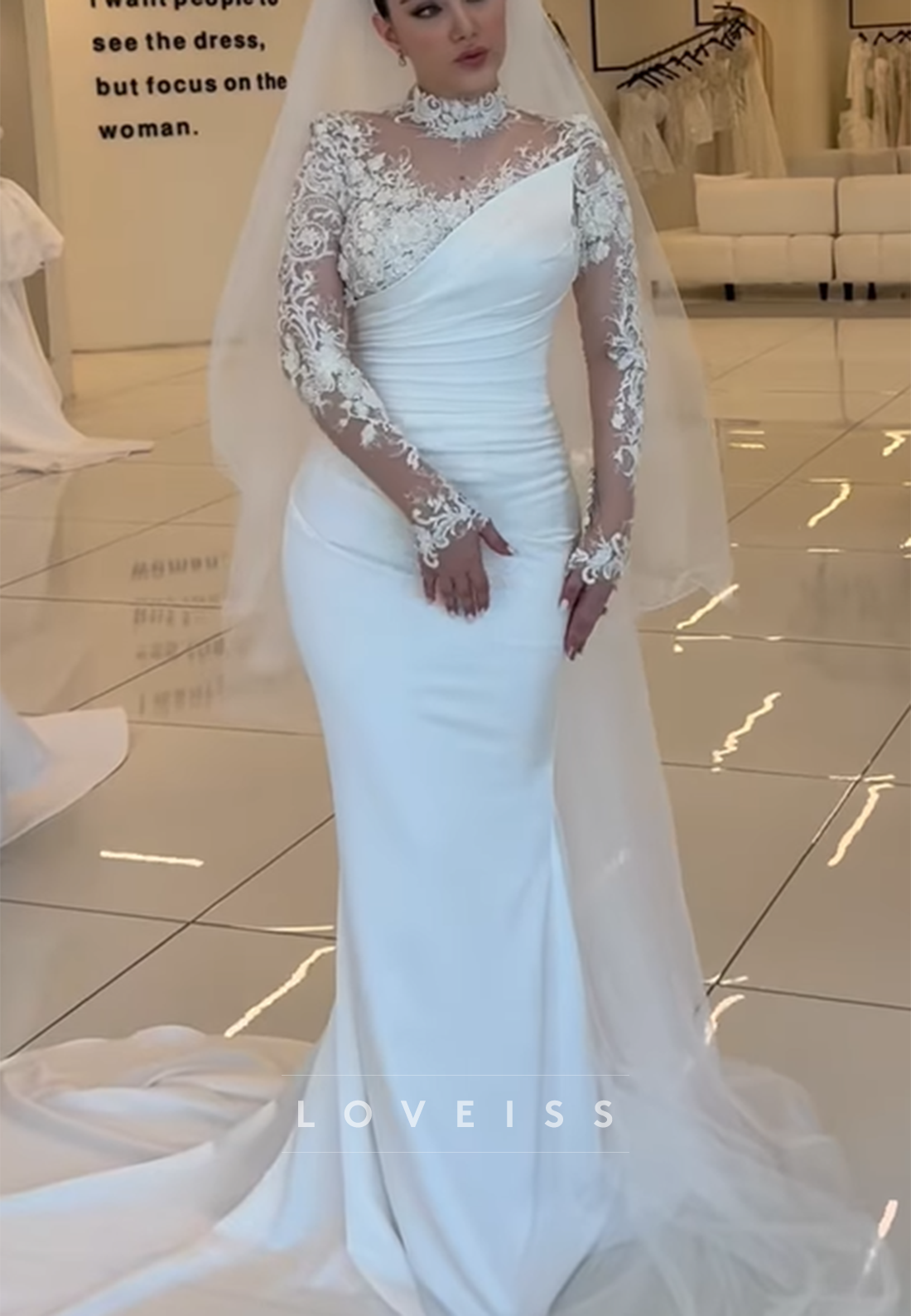 High Neck Long Sleeves Pleated Appliques Mermaid Wedding Dress