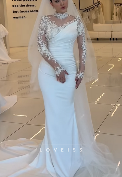 High Neck Long Sleeves Pleated Appliques Mermaid Wedding Dress