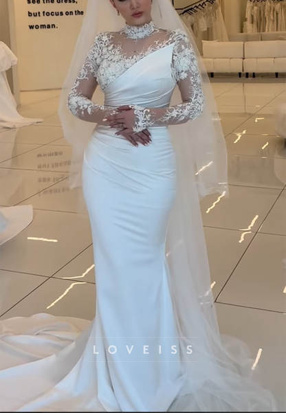 High Neck Long Sleeves Pleated Appliques Mermaid Wedding Dress