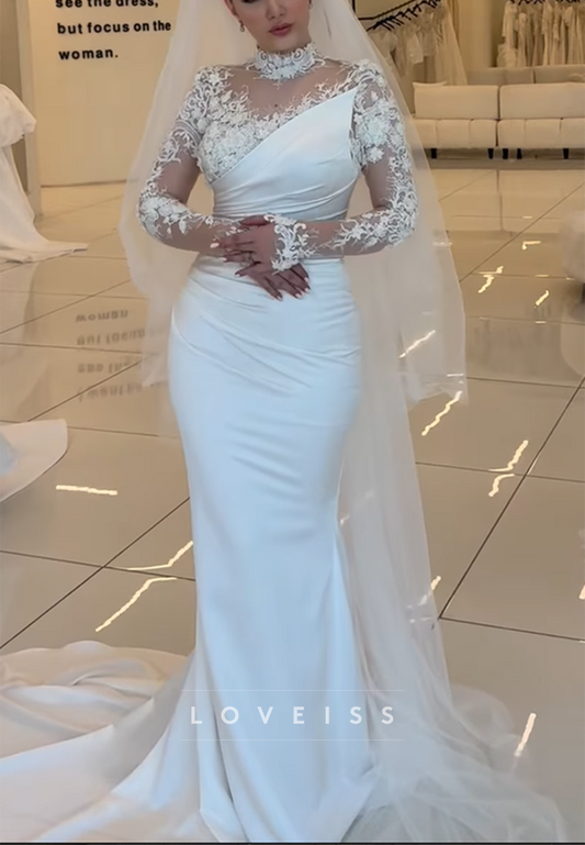 High Neck Long Sleeves Pleated Appliques Mermaid Wedding Dress