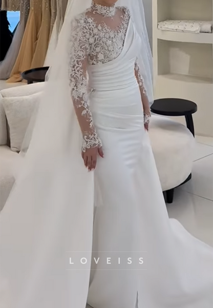 High Neck Long Sleeves Pleated Appliques Mermaid Wedding Dress