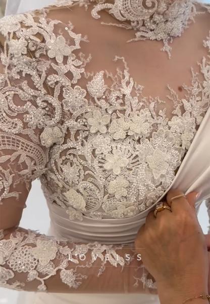 High Neck Long Sleeves Pleated Appliques Mermaid Wedding Dress