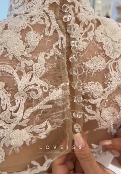 High Neck Long Sleeves Pleated Appliques Mermaid Wedding Dress