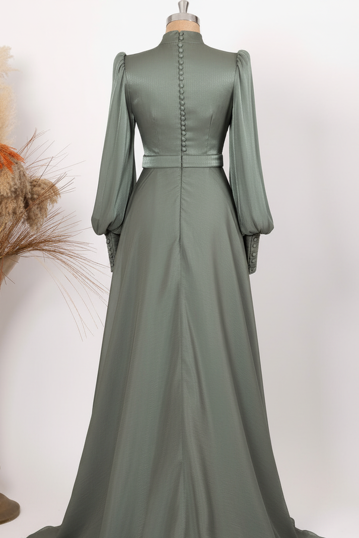 High Neck Long Sleeves Pleated Sleek A-Line Mother of Bride Dress