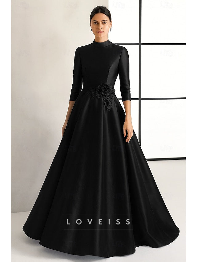 High Neck Long Sleeves Satin A-Line Mother of Bride Dress