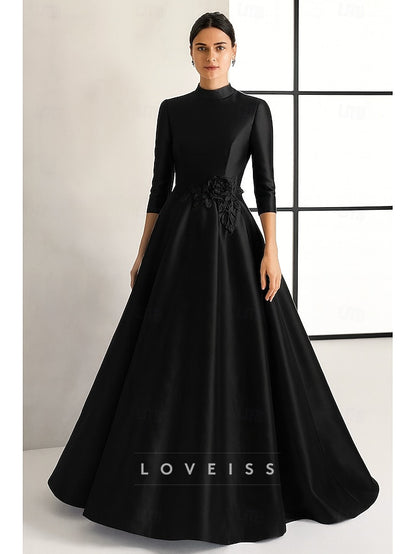 High Neck Long Sleeves Satin A-Line Mother of Bride Dress