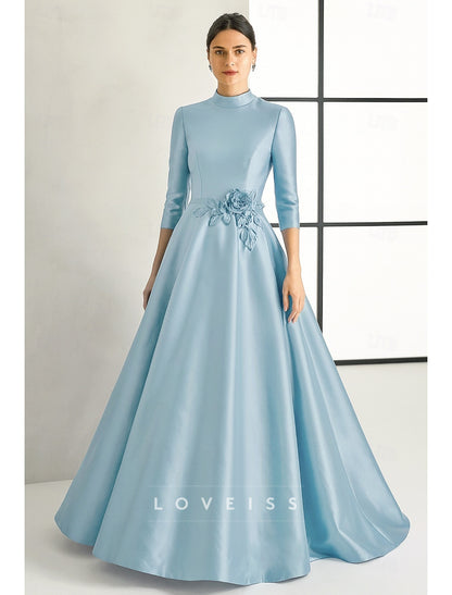 High Neck Long Sleeves Satin A-Line Mother of Bride Dress