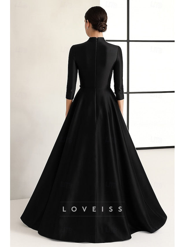 High Neck Long Sleeves Satin A-Line Mother of Bride Dress