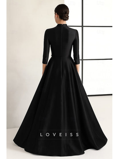 High Neck Long Sleeves Satin A-Line Mother of Bride Dress